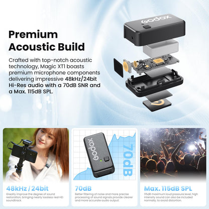 GODOX Magic XT1 Lightning, Wireless Lavalier Microphone, 2.4G Wireless 200m(656ft) Range, 10-Level Volumue,16h Working Time, Touchscreen Noise Cancellation Receiver,for Camera/Android/iPhone 15/PC