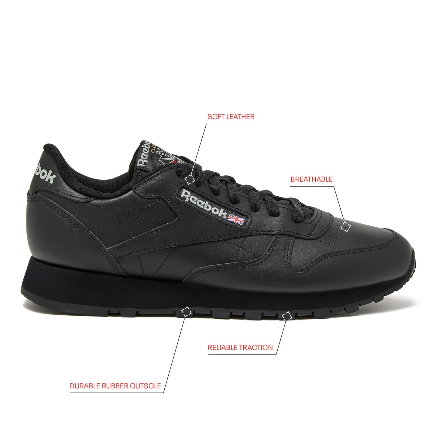 Reebok Classic Leather Sneakers for Men, Casual Tennis Mens Shoes, Core Black/Core Black/Pure Grey5
