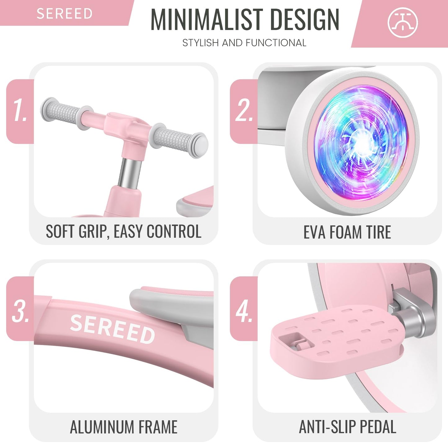 SEREED Triciclo para Niños Pequeños con Iluminación Colorida (Pink)