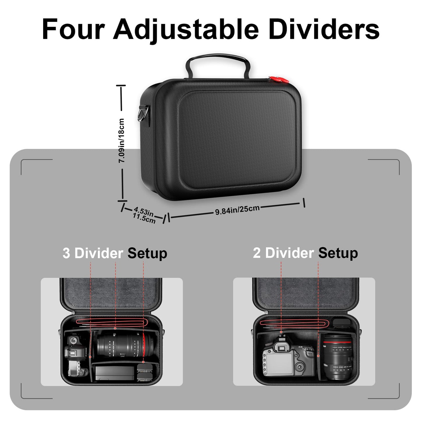 ProCase Hard Shell Digital Camera Case for Canon Rebel T7/EOS R100/R50/DSLR/SLR/Nikon/Sony/Mirrorless, Padded Travel Bag with 1 Shoulder Strap and 3 Adjustable Dividers Fathers Day Gift -Black