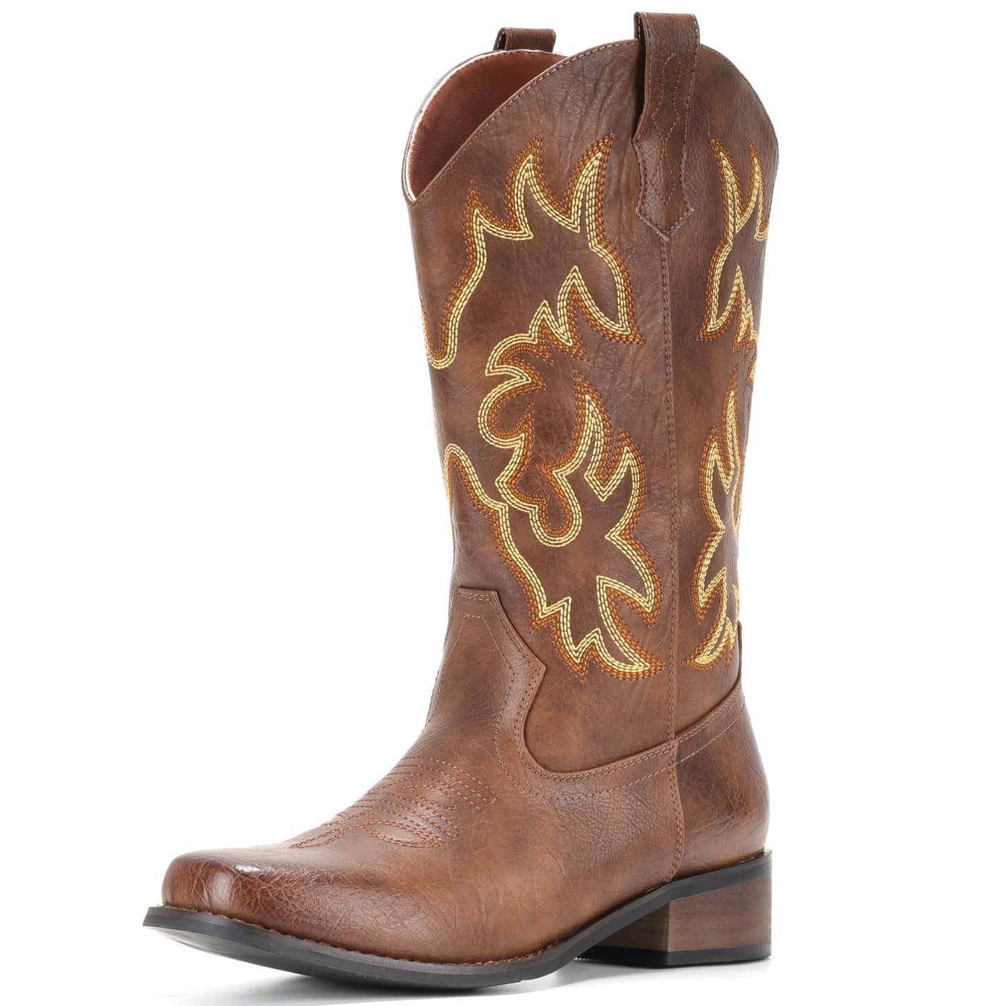 IUV Cowboy Boots For Women Square Toe Black Wide Cowgirl Mid Calf Western Pull On Fashion Brown Cowboy Boots