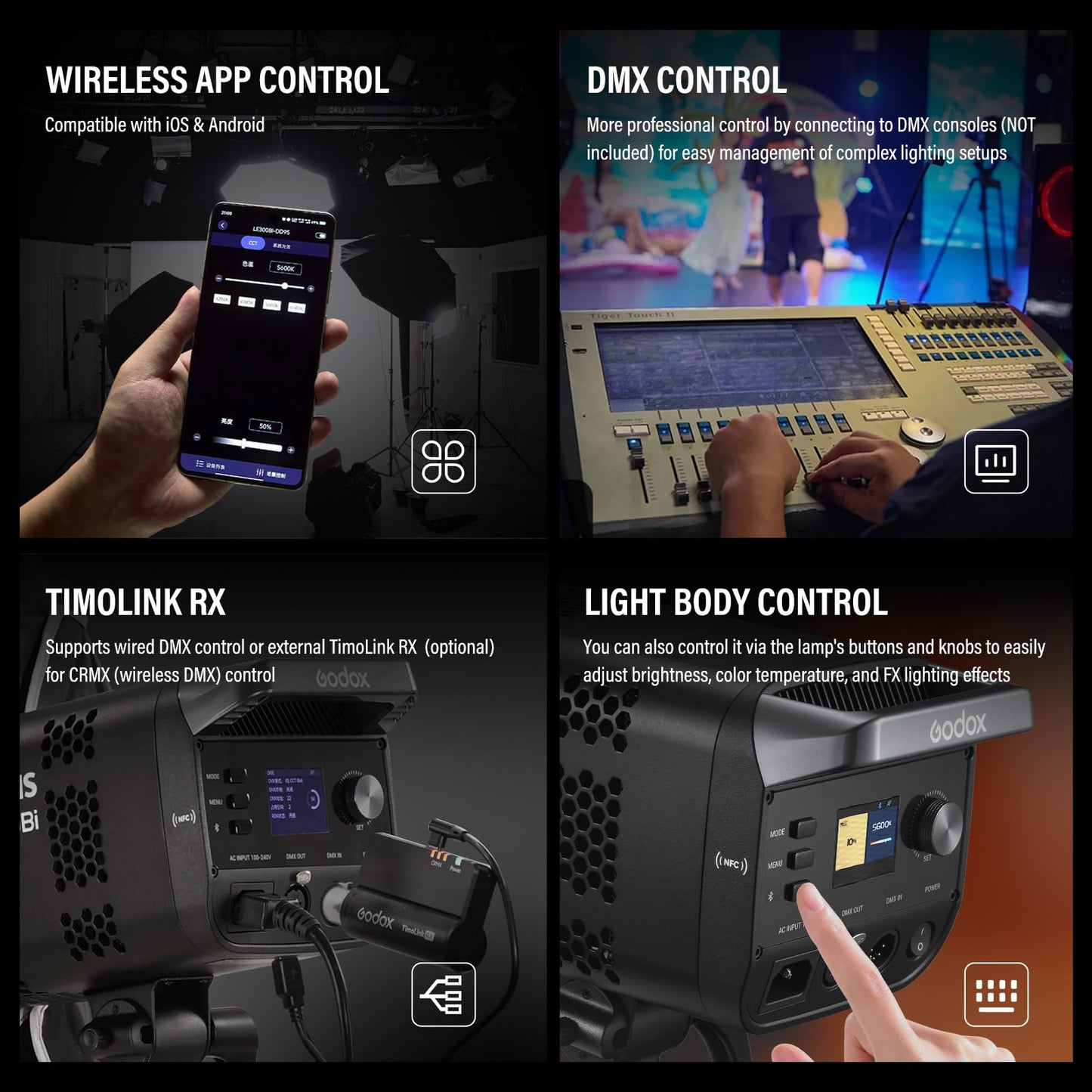 Godox Litemons LE300Bi COB Led Video Light, Godox Bowens Mount 315W Bi-Color Continuous Output Light with DMX/Bluetooth APP Control, NFC Connection, 2800K~6500K, 58900Lux@1m, CRI/TLCI98, 11 Fx Effects