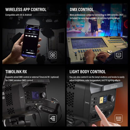 Godox Litemons LE300Bi COB Led Video Light, Godox Bowens Mount 315W Bi-Color Continuous Output Light with DMX/Bluetooth APP Control, NFC Connection, 2800K~6500K, 58900Lux@1m, CRI/TLCI98, 11 Fx Effects