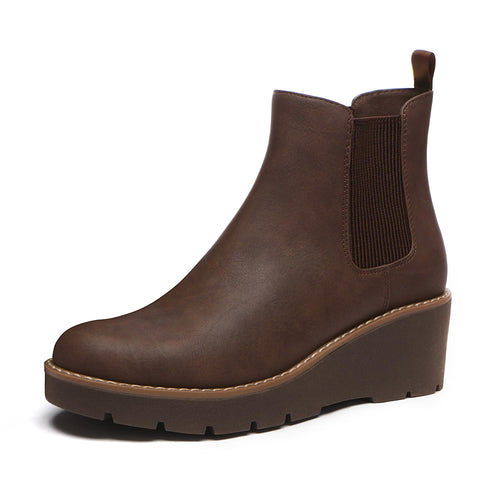 Athlefit Women's Chelsea Wedge Boots Elastic Platform Lug Sole Slip on Wedge Ankle Brown Booties