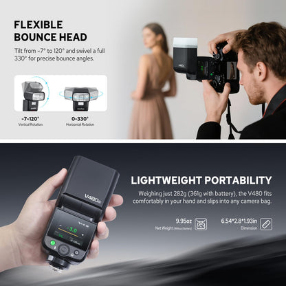 Godox V480-C V480 Flash for Canon, Touchscreen Speedlite, GN50 High Output, USB-C Charging, 1.7s Fast Recycle, 650 Full-Power Flashes, 2.4G Wireless 1/8000s HSS GODOX V480C V480 C TTL Flash Speedlight
