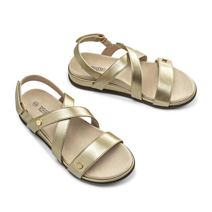 Rihero Women's Comfortable Orthopedic Arch Support Sandals Summer Casual Open Toe Walking Flat Sandals with Adjustable Strap, Gold 5.5, SRFLS2607W
