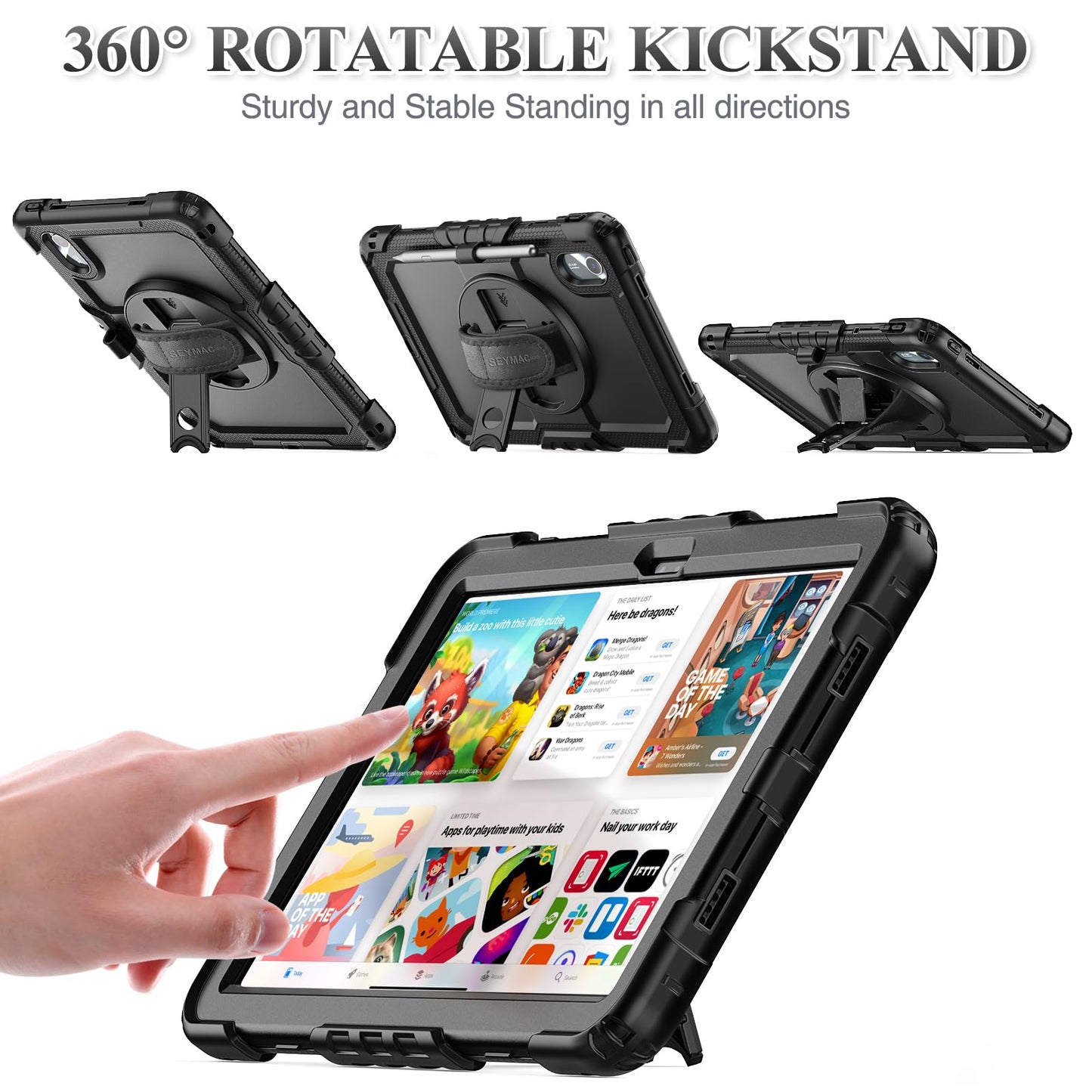 SEYMAC stock Tablet Case for Lenovo Idea Tab 11'' / M11 (TB336FU/TB330FU) 11 inch Drop-Proof Protection Cover with 360° Rotate Stand & Strap [Pen Holder] & Screen Protector 2025/2024, Black