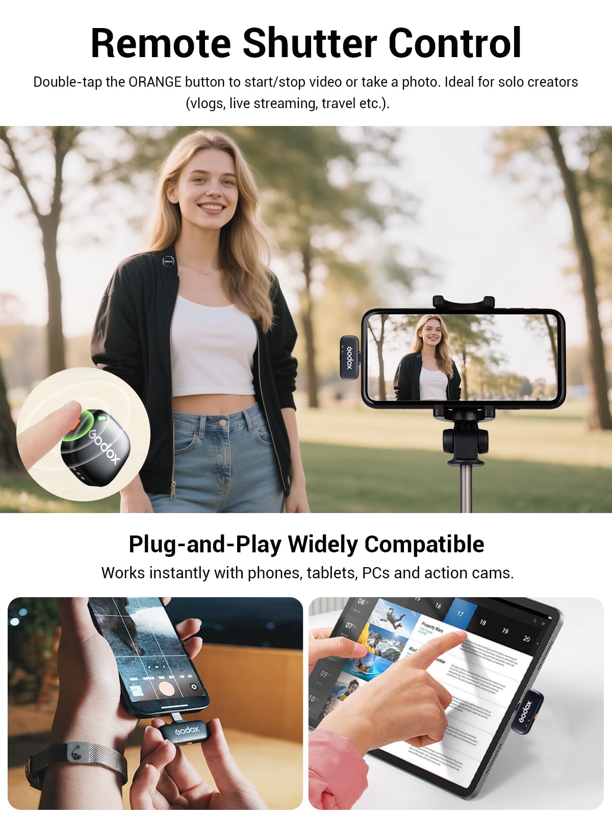 GODOX C01 KIT2 Wireless Microphone, 48kHz/24-bit Professional Lavalier Mic 60W Fast Charging Mini Microphones 7g Ultralight,54H,Noise Reduction,200M Low Latency (2TX+1RX+USB-C+Charging Case)