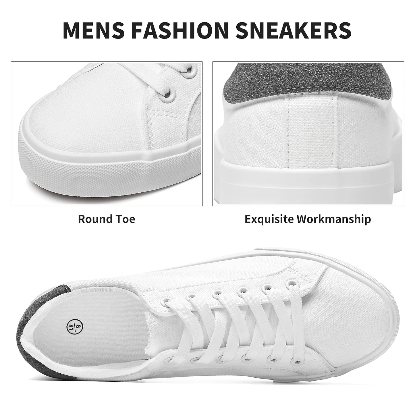 FRACORA Mens Canvas Shoes White Black Sneakers Low Top Lace Up Casual Shoe(Milk White, US10)