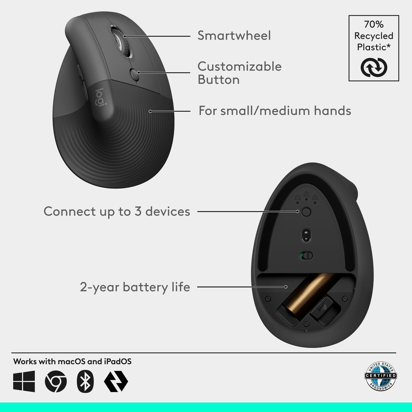 Logitech Ratón Ergonómico Vertical Lift (Inalámbrico / Grafito)