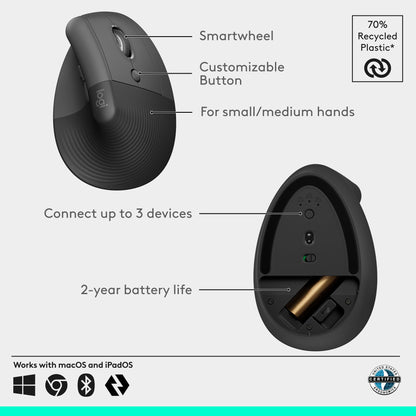 Logitech Ratón Ergonómico Vertical Lift (Inalámbrico / Grafito)