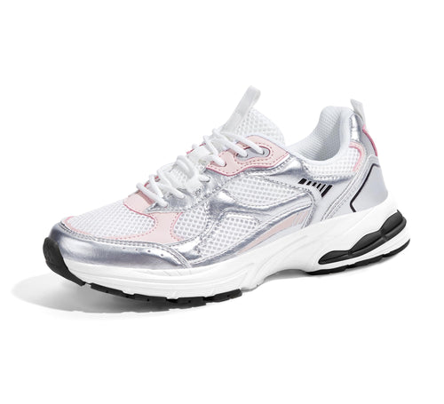 LUCKY STEP Women's Platform Chunky Fashion Sneakers Mesh Casual Running Tennis Workout Sport Work Trendy Athletic Walking Shoes (White/Silver, 8.5 US)