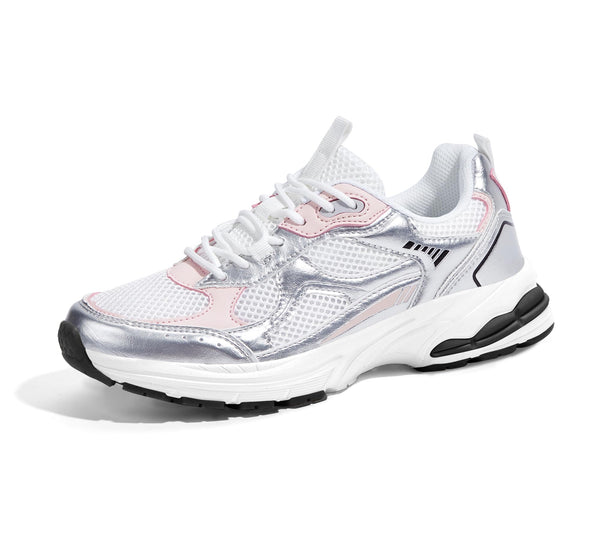 LUCKY STEP Women's Platform Chunky Fashion Sneakers Mesh Casual Running Tennis Workout Sport Work Trendy Athletic Walking Shoes (White/Silver, 8.5 US)