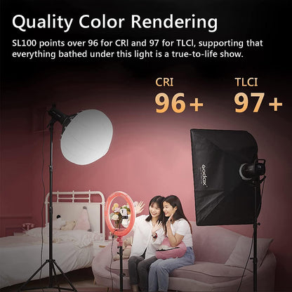 Godox SL100D Daylight LED Video Light, 100W 5600K 32100Lux @1M CRI 96+TLCI 97+ Bowens Mount COB LED Continuous Light, 8 FX Effects 0-100% Brightness Studio Light with APP Control