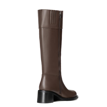 Reitoye Knee High Brown Boots Women Round Toe Chunky Block Heeled Boots Side Zipper Tall Gogo Boots Shoes