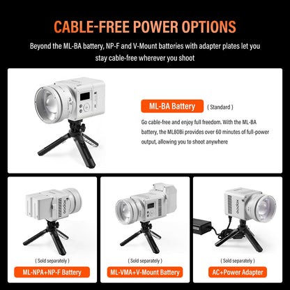 Godox ML80Bi Bi-Color LED Video Light with 6600mAh Battery - 29600Lux@1m, 2800K-6500K, CRI/TLCI 96+, 11 FX Effects, NFC & APP Control for Videography, Vlogging & Filmmaking for Outdoor