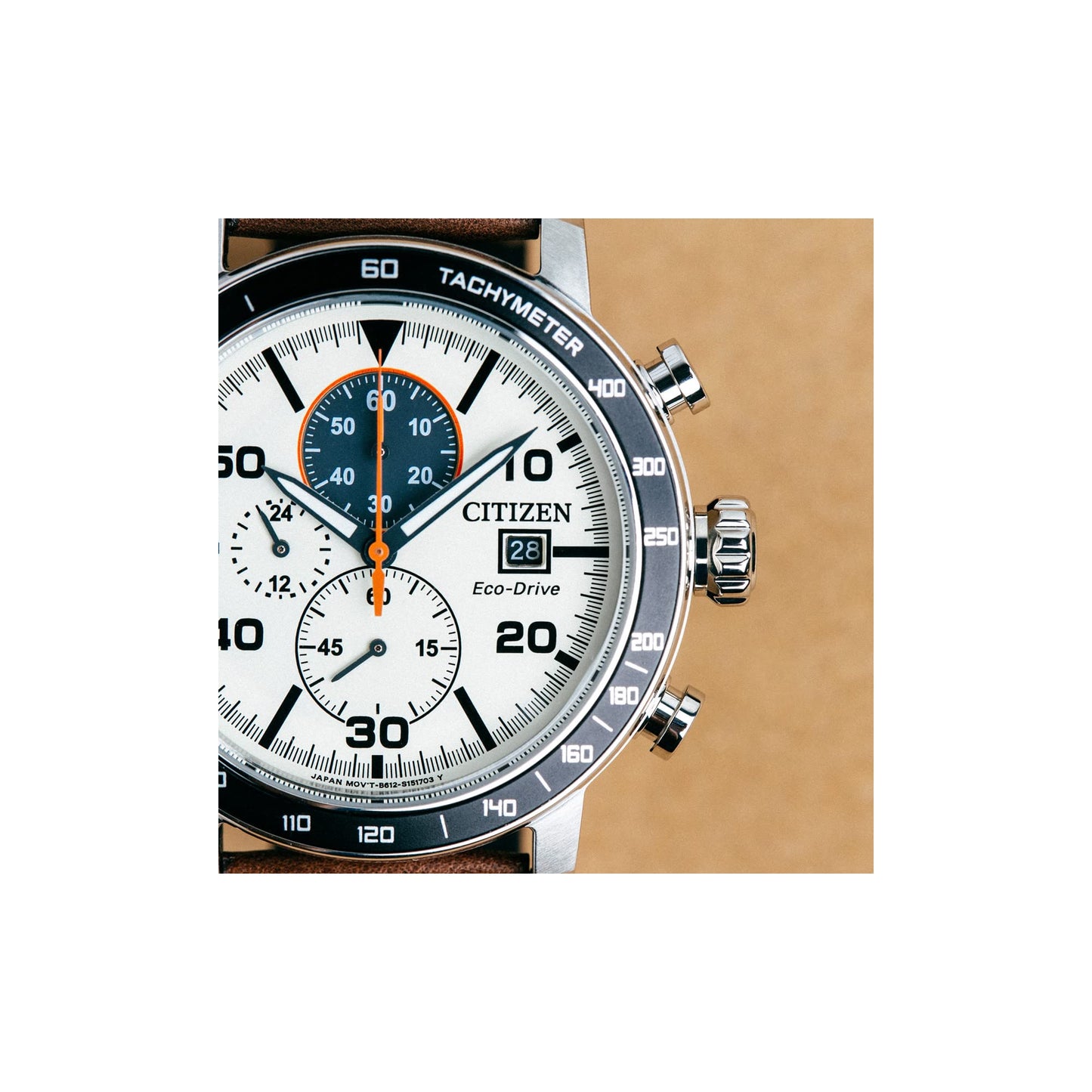 Citizen Men's Eco-Drive Weekender Brycen Chronograph Watch in Stainless Steel, Brown Leather Strap, Ivory Dial (Model: CA0649-06X)
