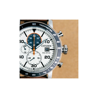 Citizen Men's Eco-Drive Weekender Brycen Chronograph Watch in Stainless Steel, Brown Leather Strap, Ivory Dial (Model: CA0649-06X)