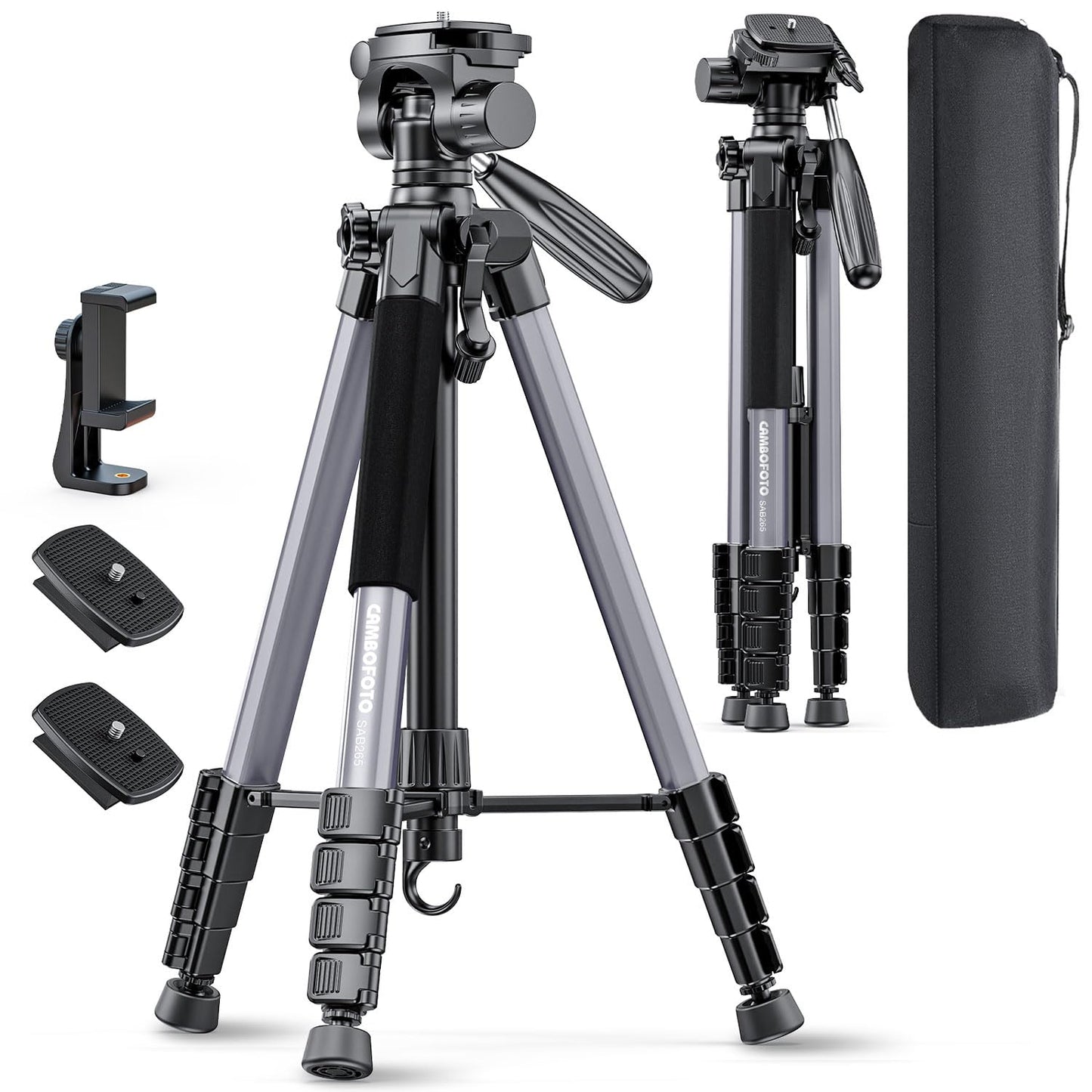 CAMBOFOTO 74″ Aluminum Camera Tripod – Heavy‐Duty Professional Tripod Stand for DSLR & Mirrorless Cameras, Smartphones & GoPro – Lightweight Travel Tripod with 360° Pan Head & Phone Mount
