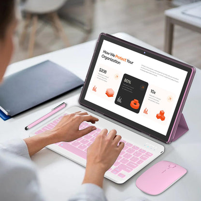 IWEGGO Android 15 Tablet, 10 Inch 18GB RAM+128GB ROM/ 2TB Expandable Tablet, 2.0GHz Quad-core Processor, 1280*800 HD Touch Screen, 5G WiFi6 BT 5.0, 2 in 1 Tablets with Keyboard Case Mouse Stylus Pink