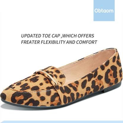 Obtaom Women's Pointy Toe Loafer Flat Comfortable Faux Suede Work Shoes, Cute Penny Loafer Slip On Ballet Flat(Leopard Print, US9)