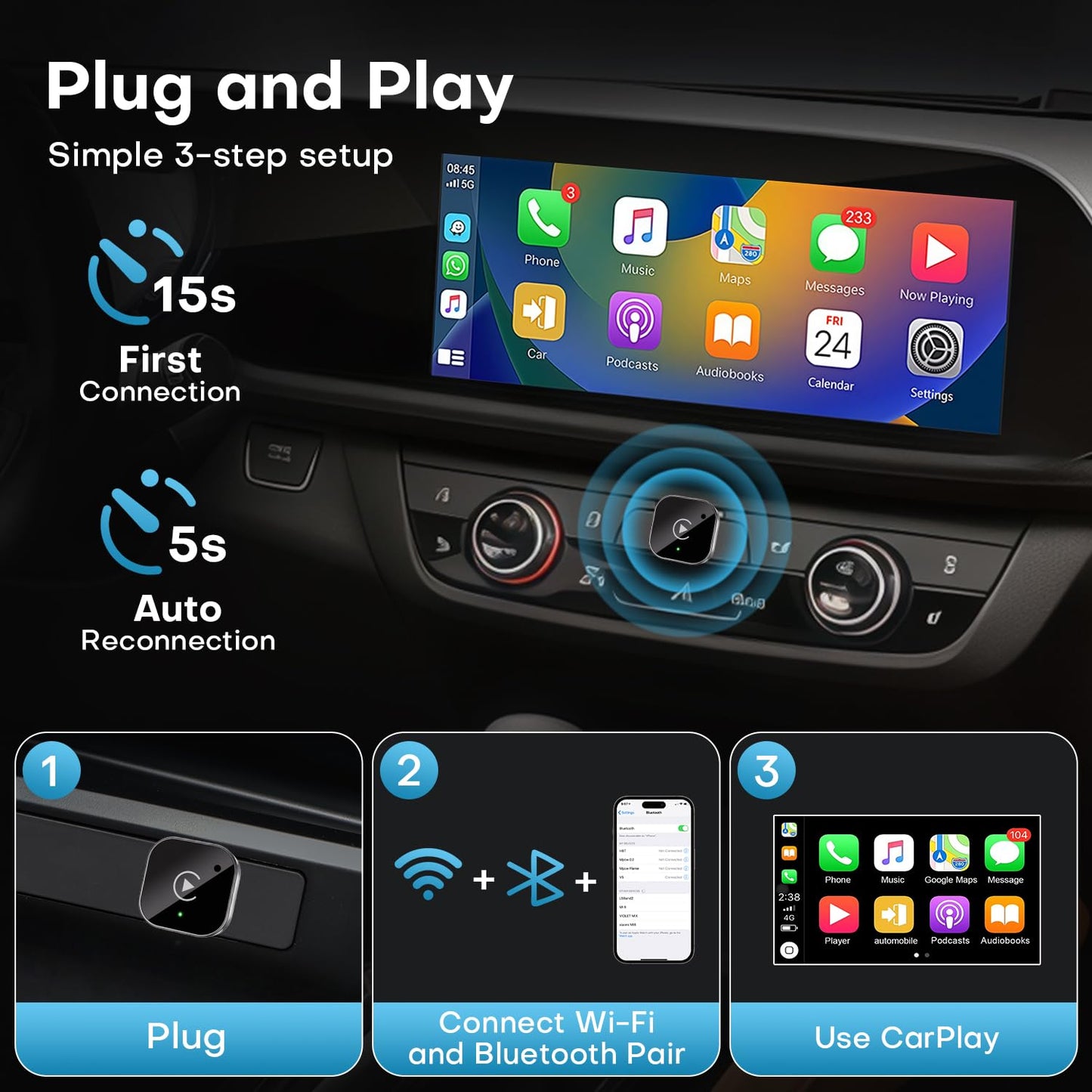 Adaptador Inalámbrico 2 en 1 para CarPlay y Android Auto (Negro)