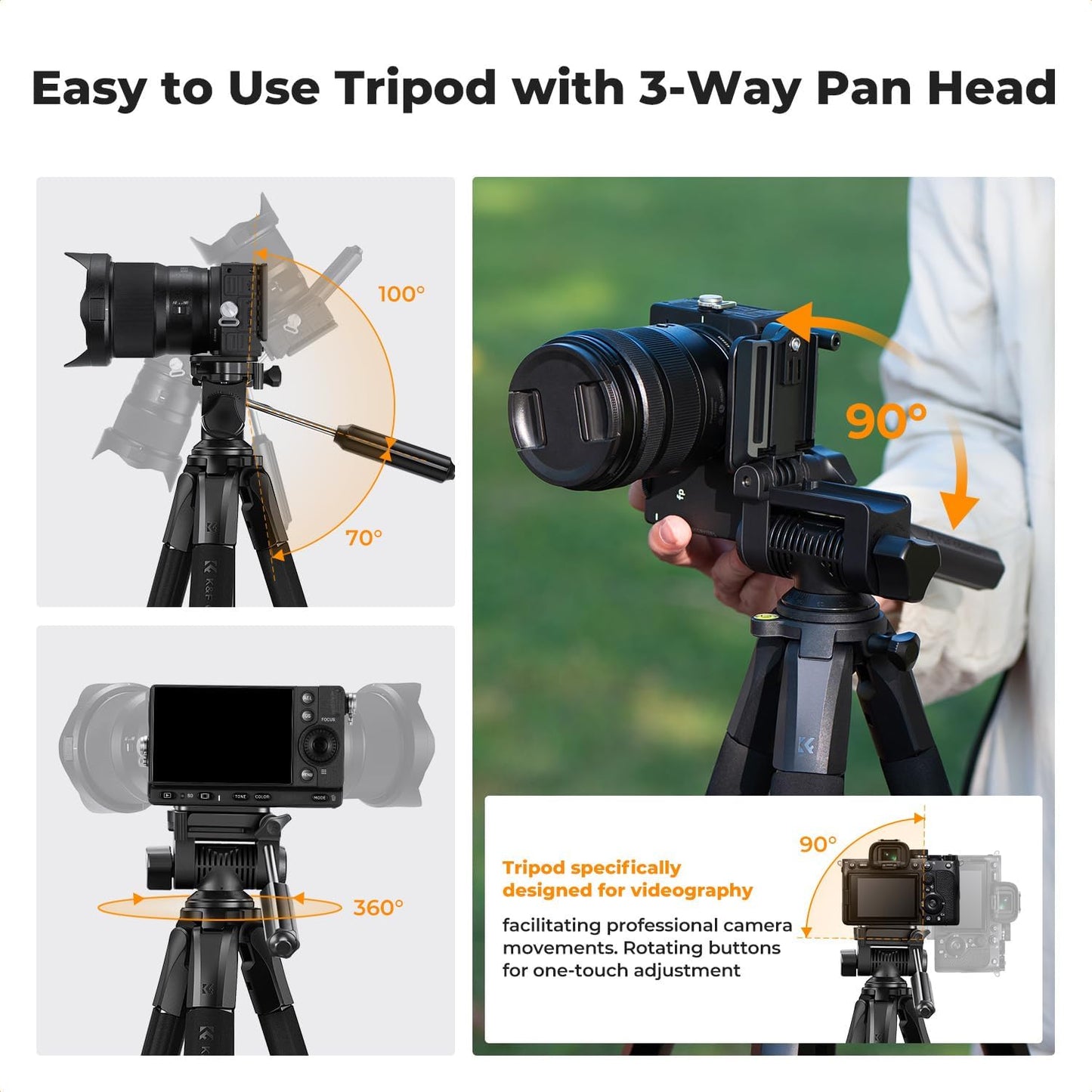 K&F CONCEPT Camera Tripod, 75" Lightweight Portable Travel Outdoor DSLR Tripods for Camera Phone Video Recording Tripod Stand, Cellphone Clip for Smartphone Live Streaming Vlog, Black