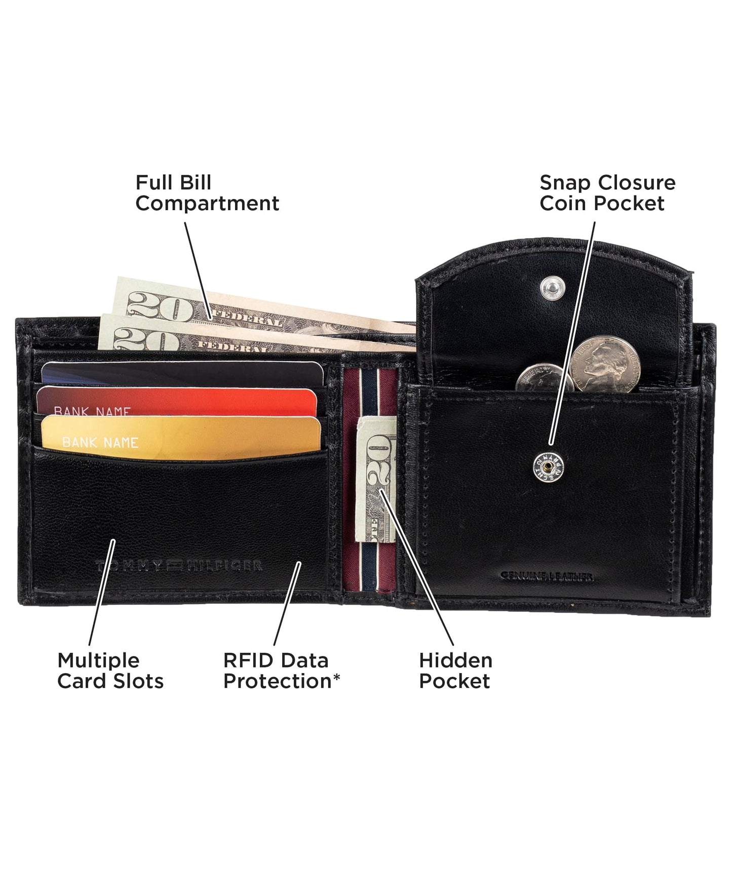 Tommy Hilfiger Billetera Delgada Plegable de Cuero Genuino (Con Bolsillo para Monedas)