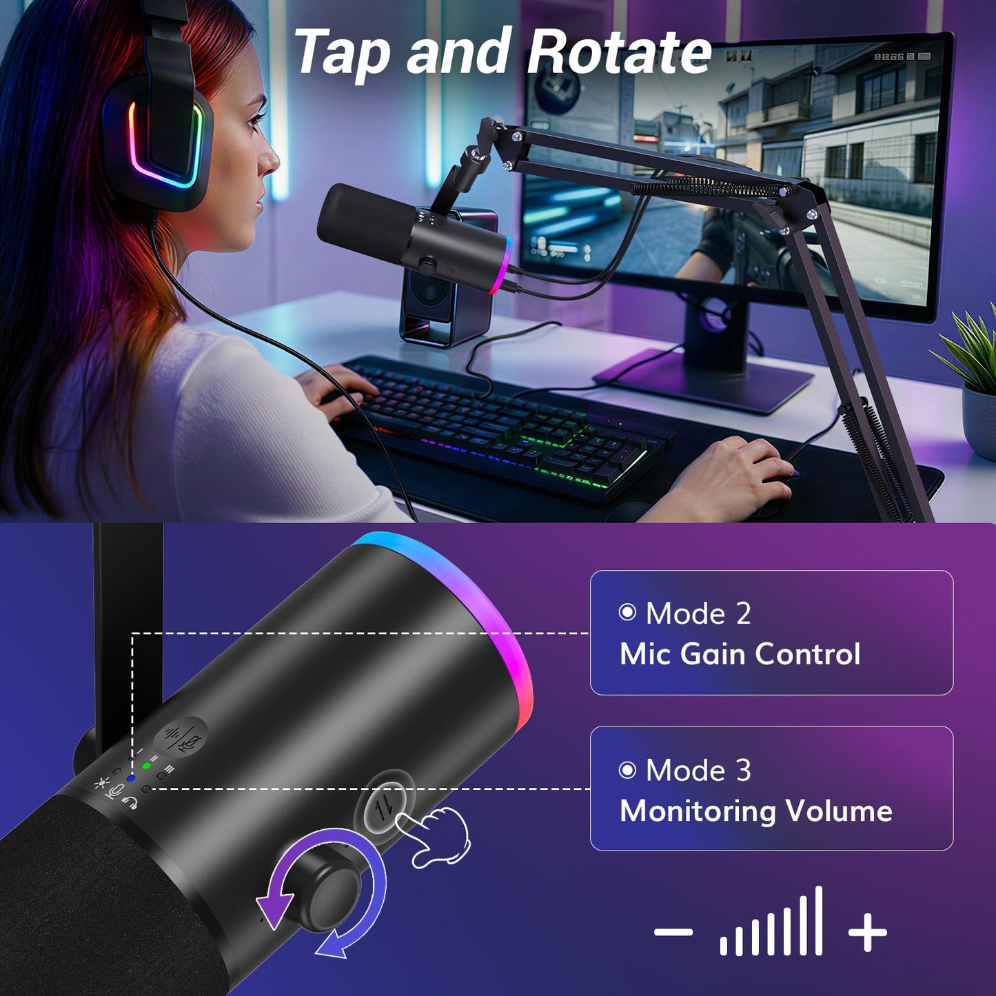 TONOR Dynamic Gaming Microphone, XLR/USB Mic Streaming, AI Noise Cancellation, Controlable RGB, Tap Mute, 3.5mm Headphone Jack, Volume Control, Microfono with Boom Arm, Black, TD510 AIR S H+