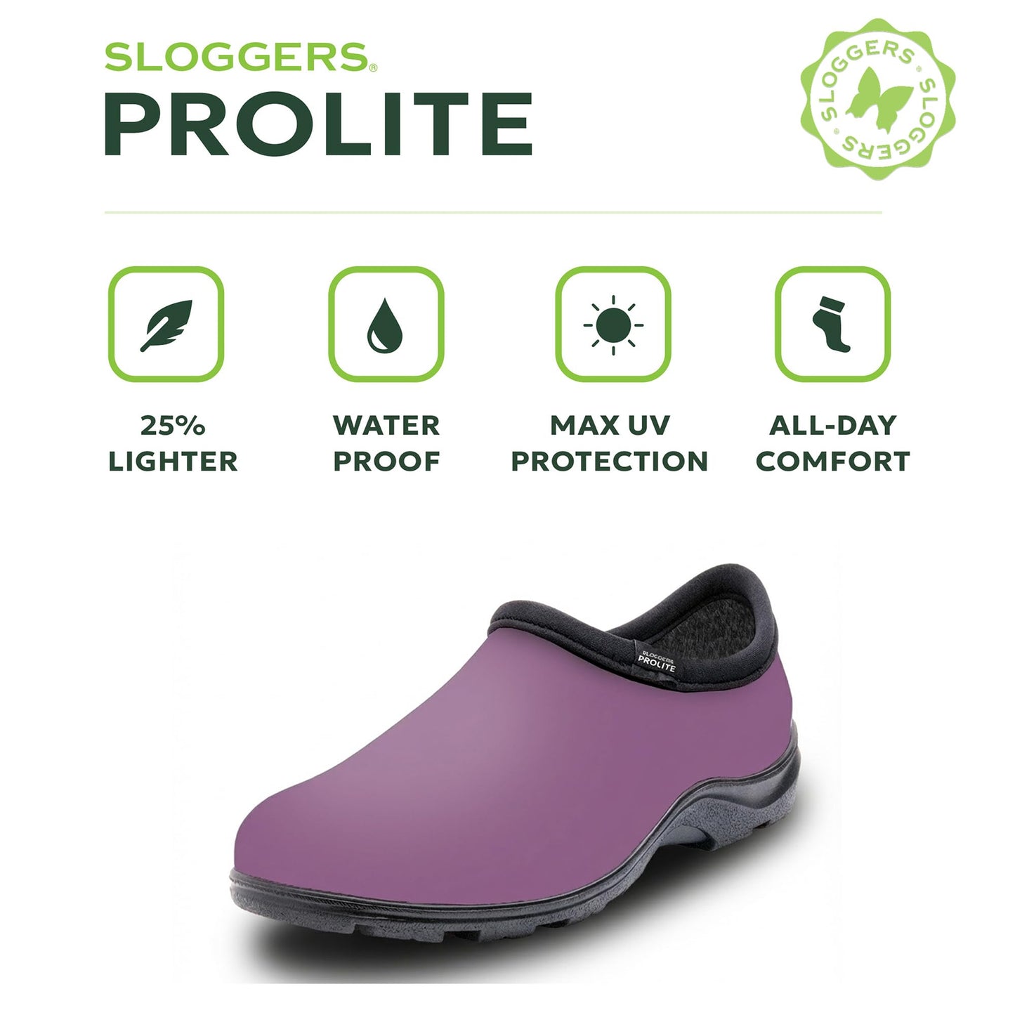 Sloggers ProLite Women’s Garden & Work Slip-On Shoes – 25% Lighter Waterproof Comfort Clogs with All-Day Insoles, UV Protection, Arch Support & Deep-Lug Traction – Made in USA with US & Imported Parts - Lavender