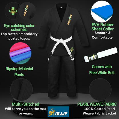 POZTEV Uniforme de Jiu Jitsu Brasileño (Talla A3 / Negro)