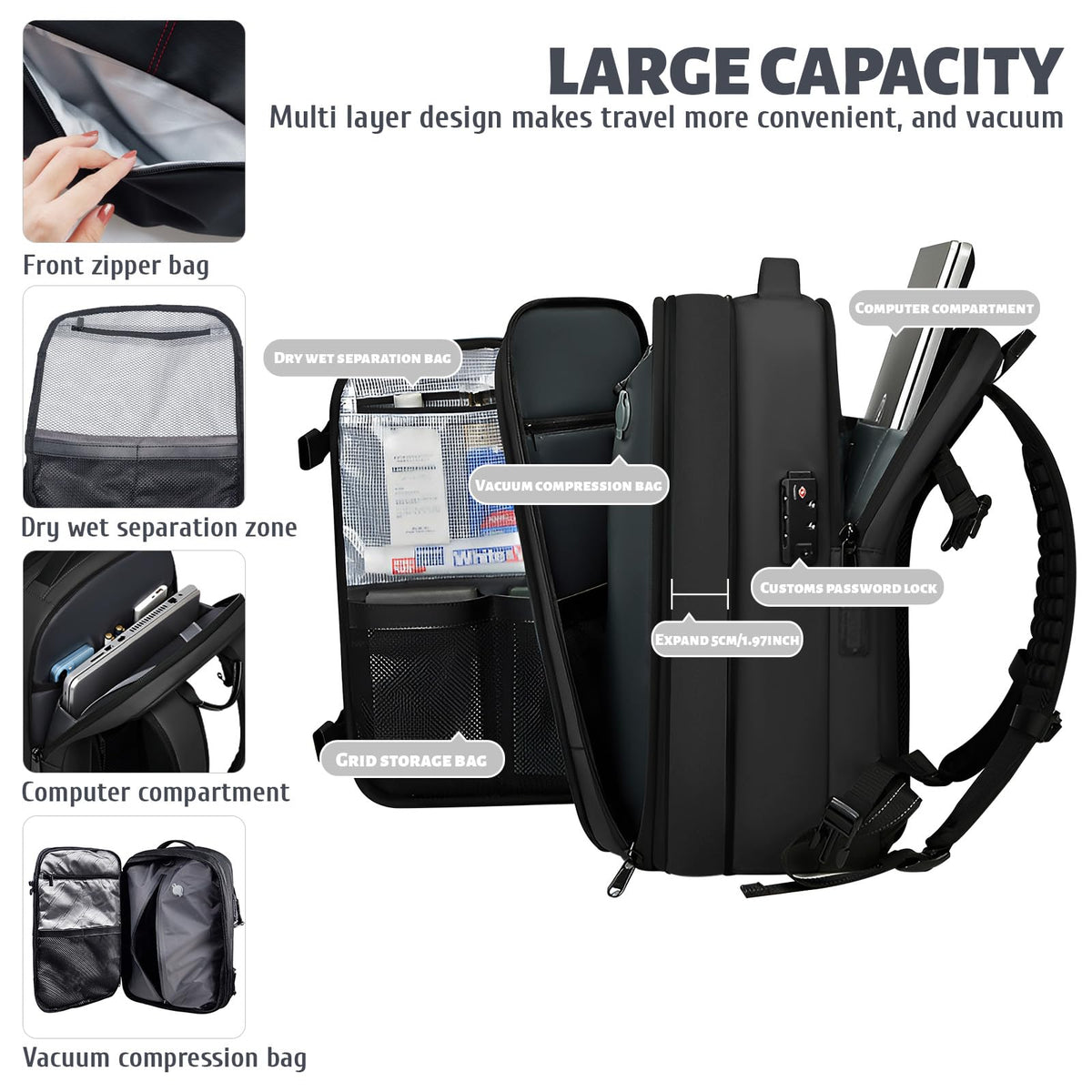 BYED Vacuum Backpack Travel-Expandable Compression Backpack with Air Pump,Usb,Tsa Lock, Air Backpacks with Removable Vacuum Bag,Carry On Vacpack for Men and Women
