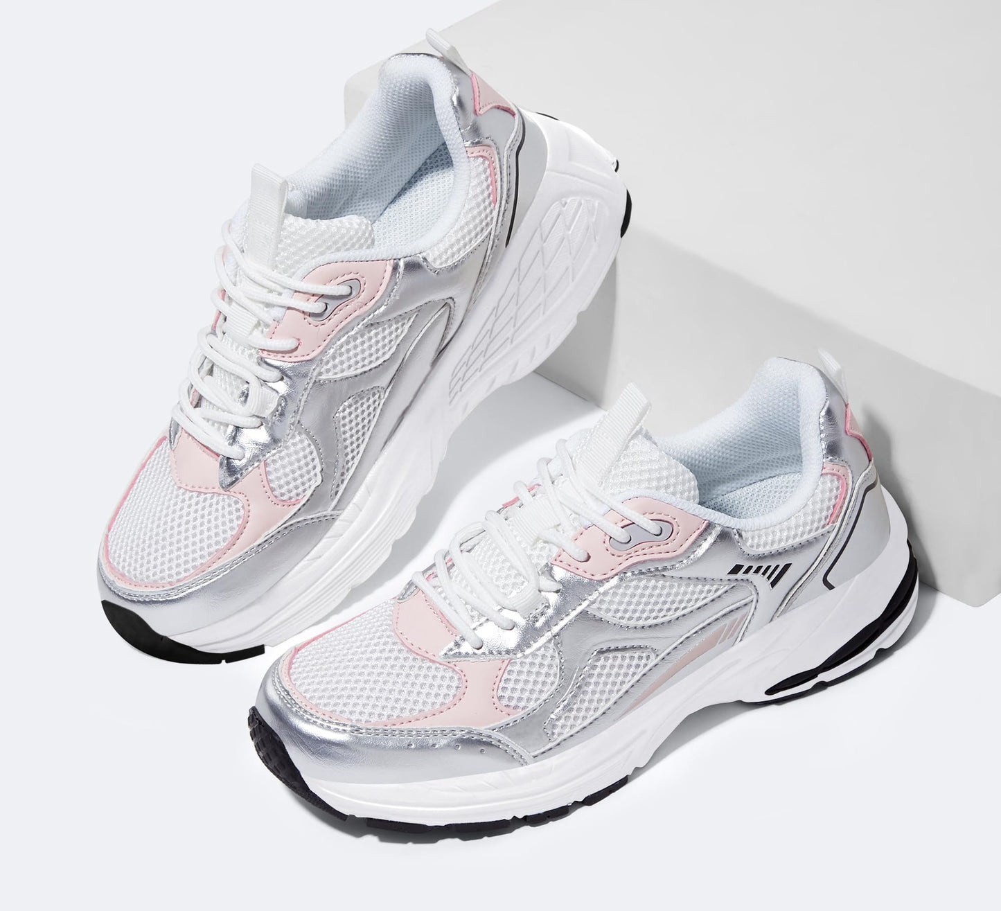 LUCKY STEP Women's Platform Chunky Fashion Sneakers Mesh Casual Running Tennis Workout Sport Work Trendy Athletic Walking Shoes (White/Silver, 8.5 US)