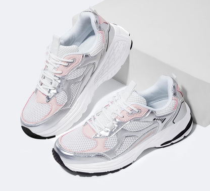 LUCKY STEP Women's Platform Chunky Fashion Sneakers Mesh Casual Running Tennis Workout Sport Work Trendy Athletic Walking Shoes (White/Silver, 8.5 US)
