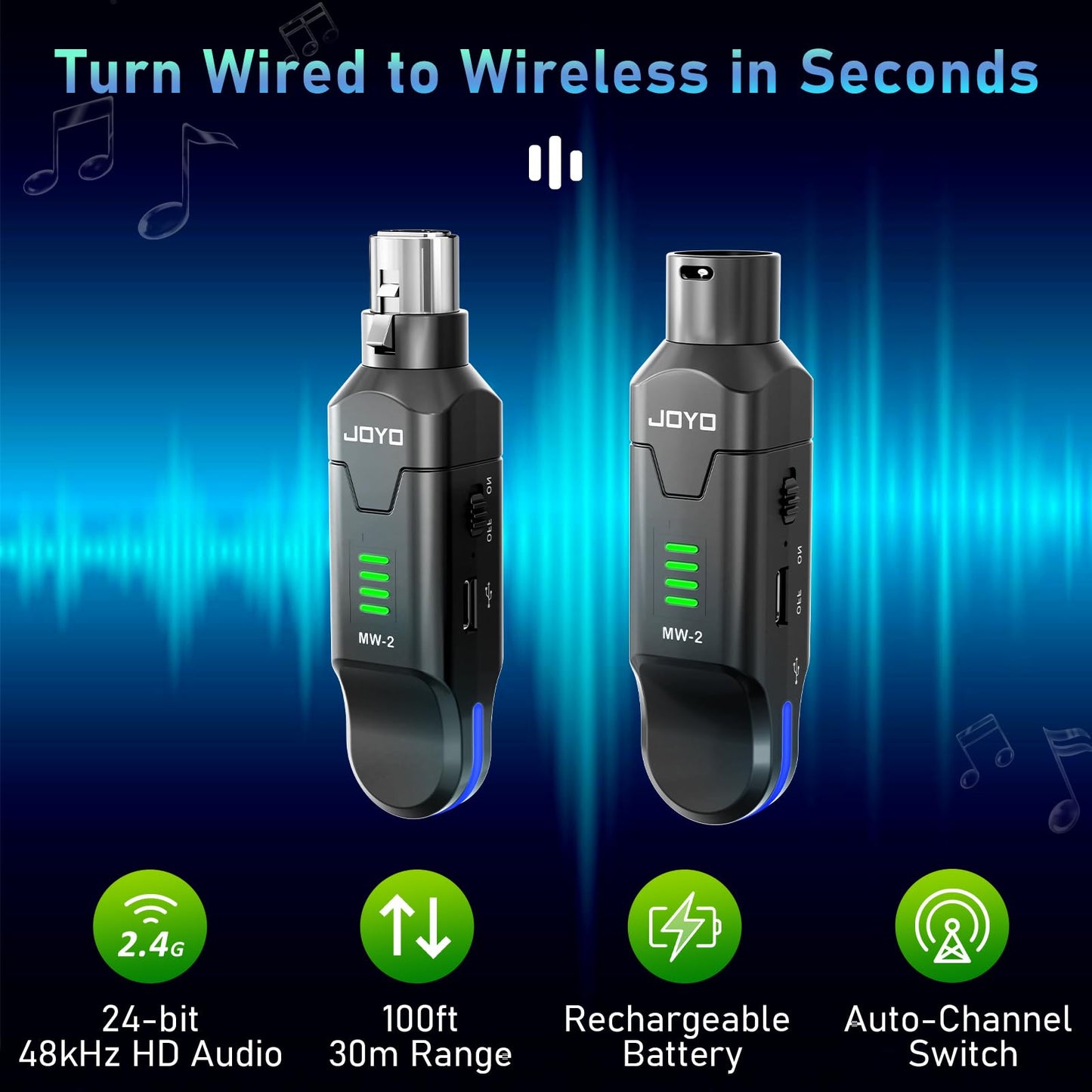 JOYO 2.4GHz Wireless Microphone System 4-Channel XLR Transmitter & Receiver Dynamic/Phantom-Powered Condenser Plug-on Adapter for PA Systems, Live Sound, Audio Mixer, Church, Studio (MW-2)