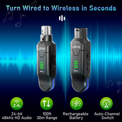 JOYO 2.4GHz Wireless Microphone System 4-Channel XLR Transmitter & Receiver Dynamic/Phantom-Powered Condenser Plug-on Adapter for PA Systems, Live Sound, Audio Mixer, Church, Studio (MW-2)