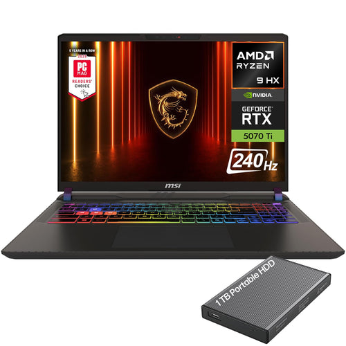 msi Vector 16 HX AI 16" 240Hz QHD+ Gaming Laptop, AMD Ryzen 9 8940HX, NVIDIA Geforce RTX 5070Ti 12GB GDDR7, 32GB DDR5 RAM, 1TB SSD, Thunderbolt 4, Wi-Fi 7, RGB Backlit, Win 11, w/1TB Portable HDD