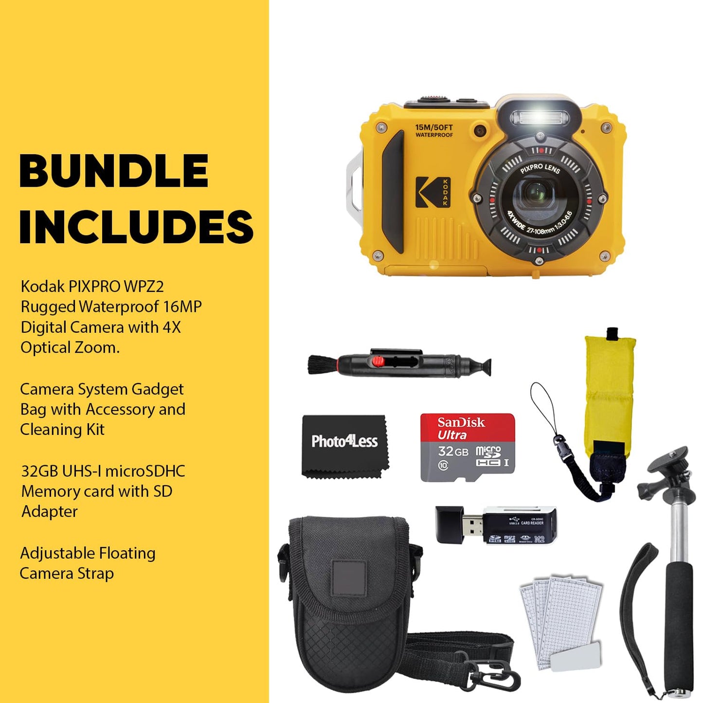 Kodak PIXPRO WPZ2 Rugged Waterproof Shockproof Digital Camera 16MP 4X Optical Zoom 1080P Full HD Video, 2.7 LCD (Yellow), 32GB SD Card, Black Compact Case, Floating Strap, Bundle (7 Items)