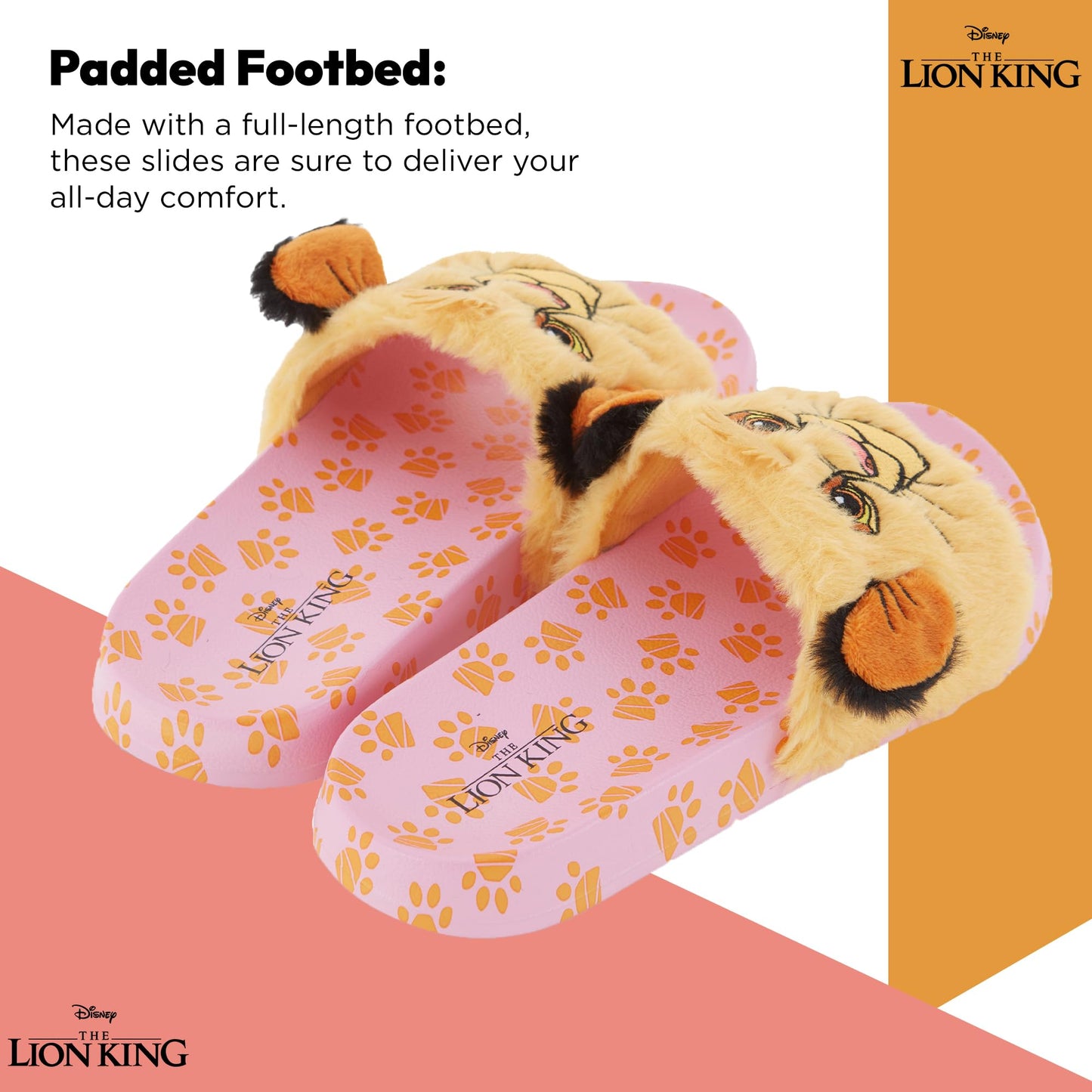 Disney Ladies Lion King Slides Sandals - Ladies Classic Simba Mufasa Timon and Pumba Slide Sandals Classic Lion King Slip On Slides (Pink Gold