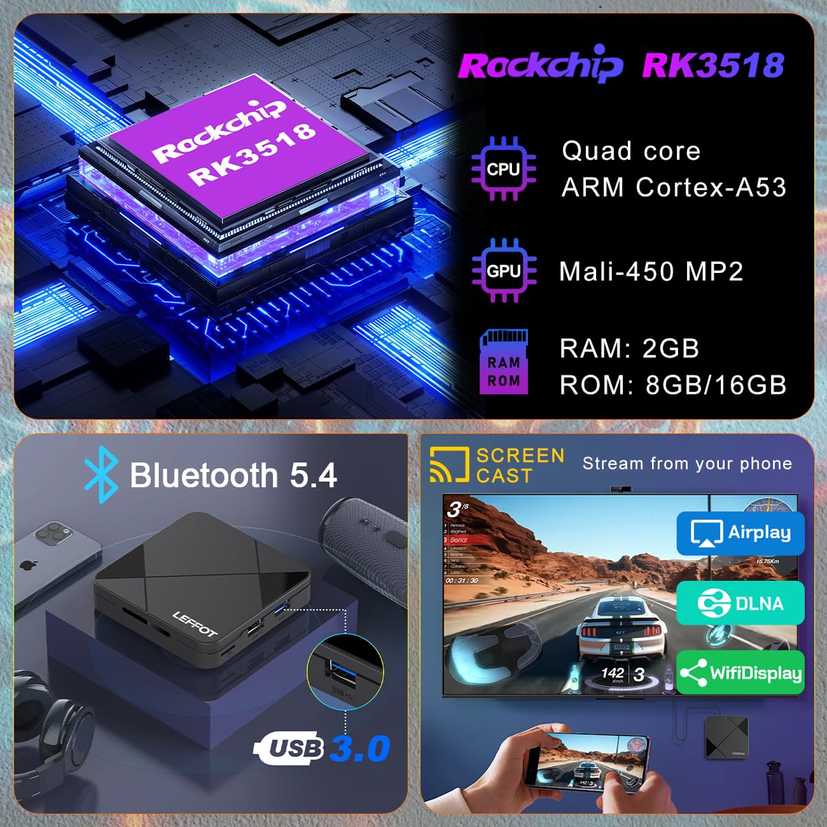 LEFFOT Dispositivo de Streaming TV Box Android 14.0 (16GB ROM / 2GB RAM)