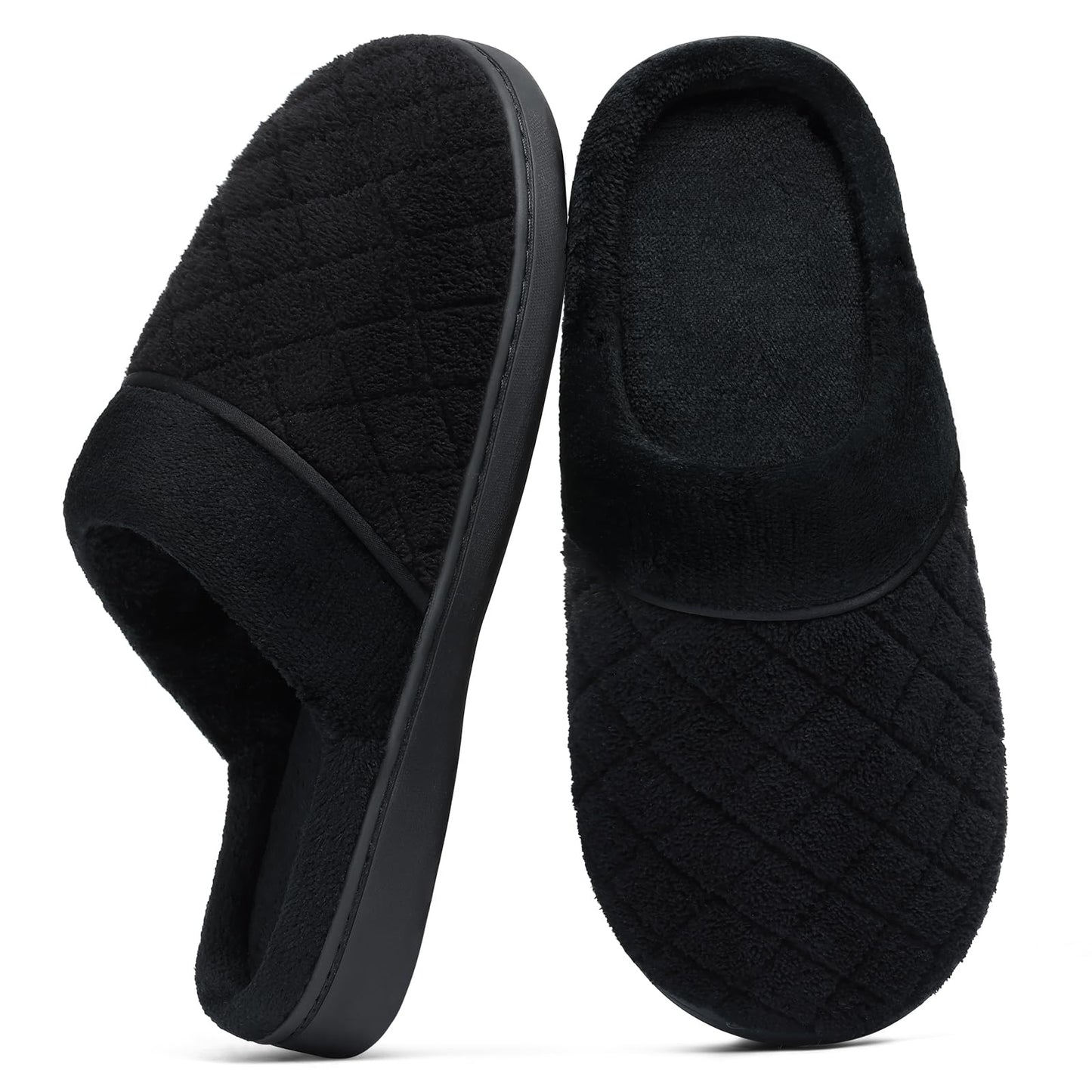Litfun Unisex Wide House Slippers for Women Men Memory Foam Indoor Bedroom Shoes, Black 39