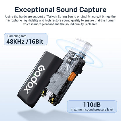 GODOX WES1 Kit1 Wireless Microphone for iPhone iPad, 2.4GHz Wireless MFi Certified Lavalier Mic, Plug and Play, Noise Cancelling,656ft, 7g Lightweight for Vlogs/Interviews/Live(1TX + 1RX(Lightning))