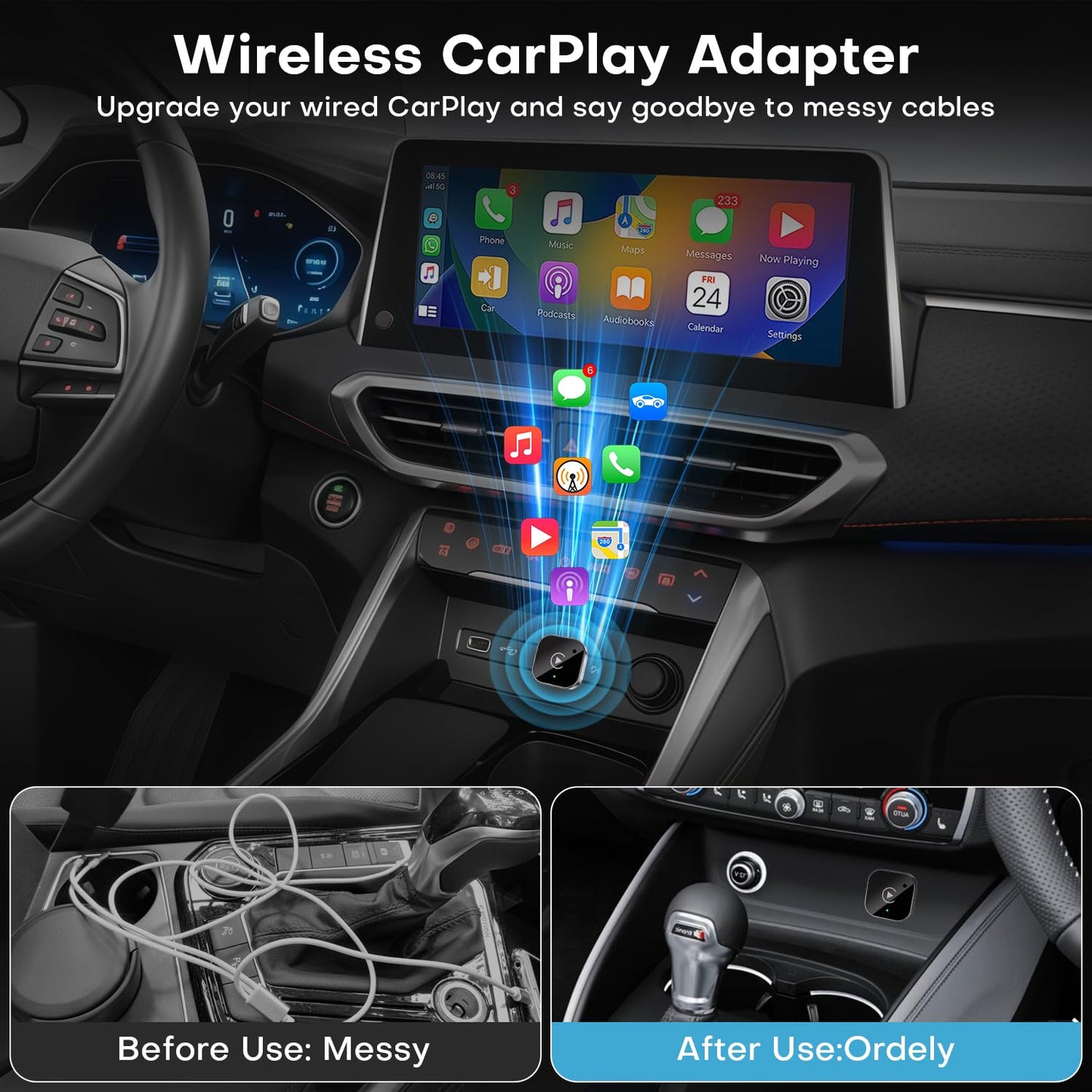 Adaptador Inalámbrico 2 en 1 para CarPlay y Android Auto (Negro)