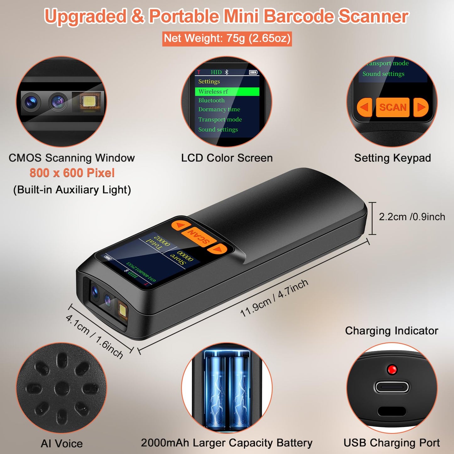 KUIIYER Mini Escáner de Códigos de Barras Bluetooth 2D/QR/1D (Portátil)