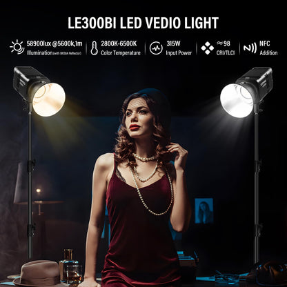 Godox Litemons LE300Bi COB Led Video Light, Godox Bowens Mount 315W Bi-Color Continuous Output Light with DMX/Bluetooth APP Control, NFC Connection, 2800K~6500K, 58900Lux@1m, CRI/TLCI98, 11 Fx Effects