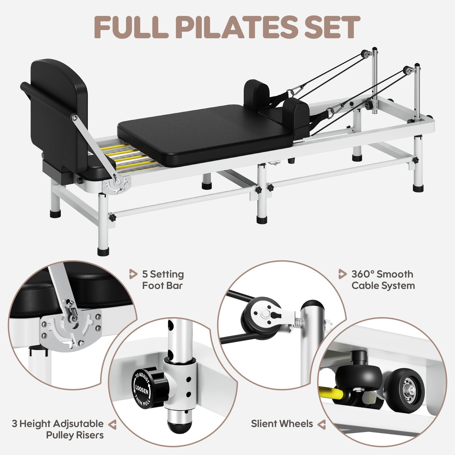 GOIMU Pilates Reformer, 91’’ Foldable Reformer Pilates Machine with High & Low Mode, 3 in 1 Pilates Equipment for Home Use with Springs and Cords