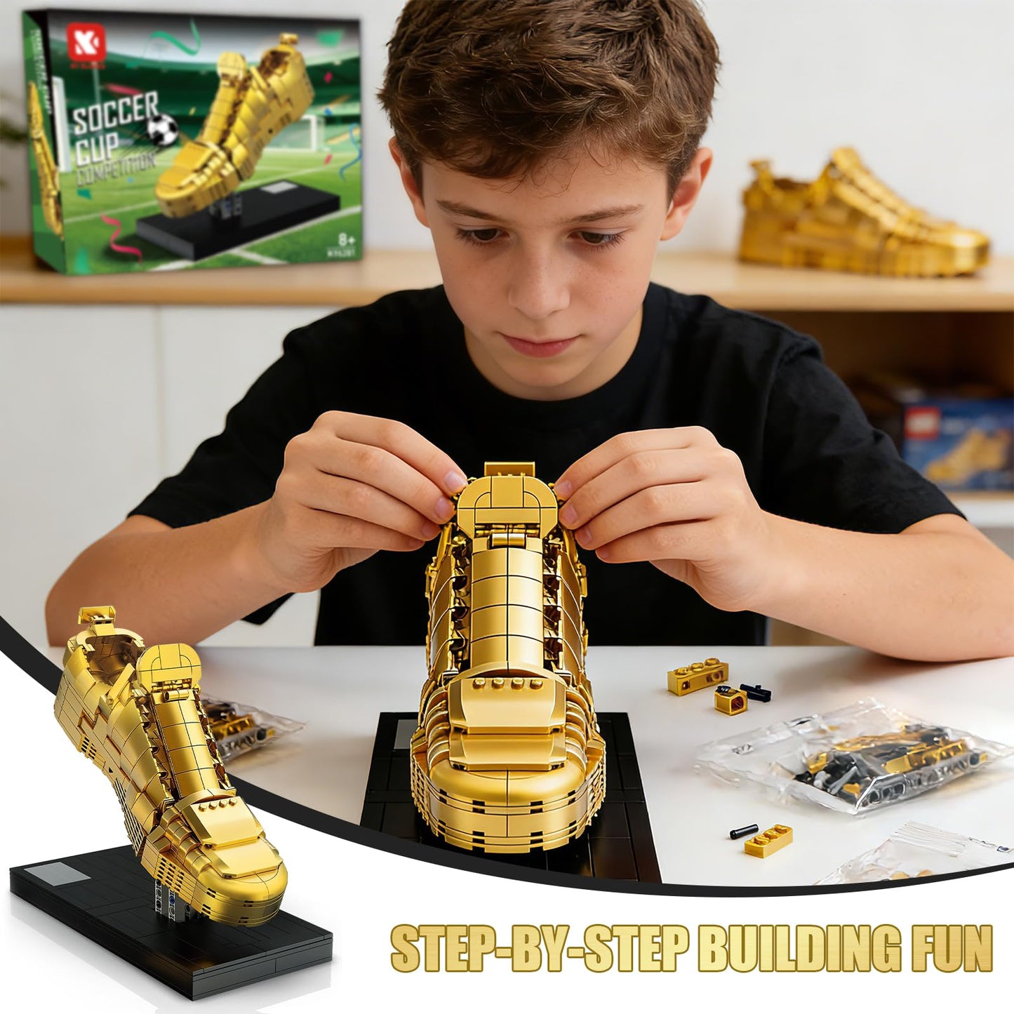 Lovinkiki Set de Bloques de Construcción de Bota de Fútbol Dorada (573 Piezas)