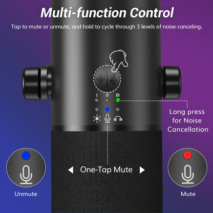 TONOR Dynamic Gaming Microphone, XLR/USB Mic Streaming, AI Noise Cancellation, Controlable RGB, Tap Mute, 3.5mm Headphone Jack, Volume Control, Microfono with Boom Arm, Black, TD510 AIR S H+