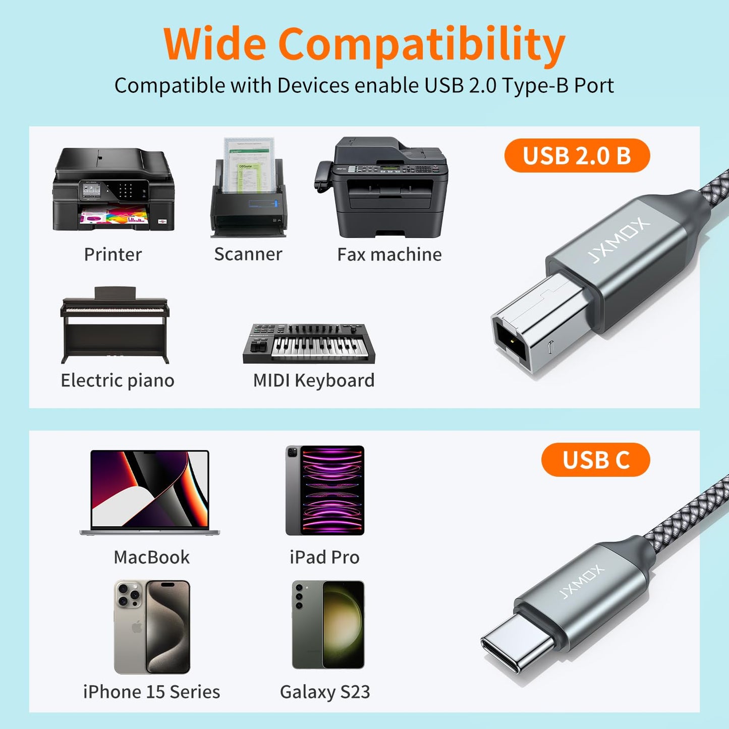 JXMOX Cable de Impresora USB B a USB C (Paquete de 2 / 6.6 pies)