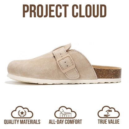 Project Cloud Genuine Leather Footbed Clogs for Women - Memory Foam Arch Support Slippers for Women - Trendy Slip-ons Women's Mules & Clogs Sandals (Benton, SANDSUEDE